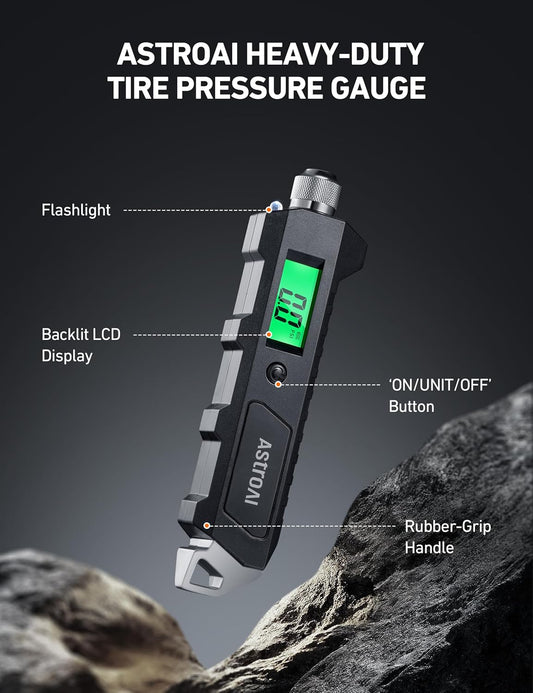 Astroai Digital Tire Pressure Gauge, 230 PSI 4 Settings Heavy Duty for Car Bicycle with Larger Backlit LCD Flashlight and Non-Slip, Black
